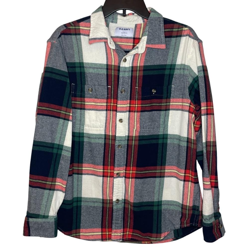 Old Navy Blue & Red Plaid Collared Long Sleeve Casual Flannel Button Down Shirt